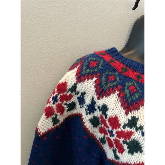 Vintage 1990 Eddie Bauer Sweater Medium 100% Wool Fair Isle Chunky Womens Blue - Picture 5 of 9